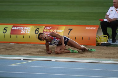 Barcelona, İspanya - Temmuz 13: Yigit sawyers İngiltere kazanmak uzun atlama IAAF Dünya Gençler Şampiyonası'nda bronz madalya 13 Temmuz 2012 barcelona, İspanya.