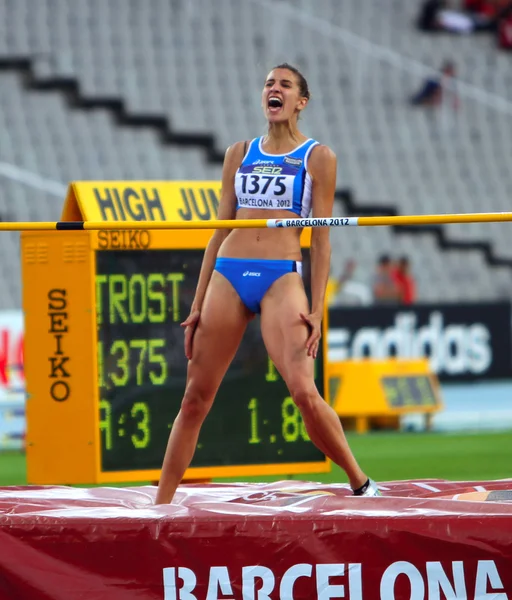 15 Julho 2012 - Barcelona - Saltador Alessia Trost ganha salto em altura no Campeonato Mundial Júnior da IAAF — Fotografia de Stock
