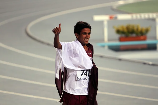 Barcelona, Spanyolország - július 12.: hamza driouch Katarból ünnepli győztes végleges a 2012-es atlétikai világbajnokság junior atlétikai 1500 méter július 12, 2012, barcelona, Spanyolország. — Stock Fotó