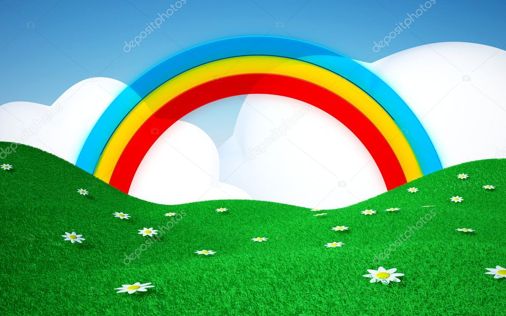 Green field with rainbow
