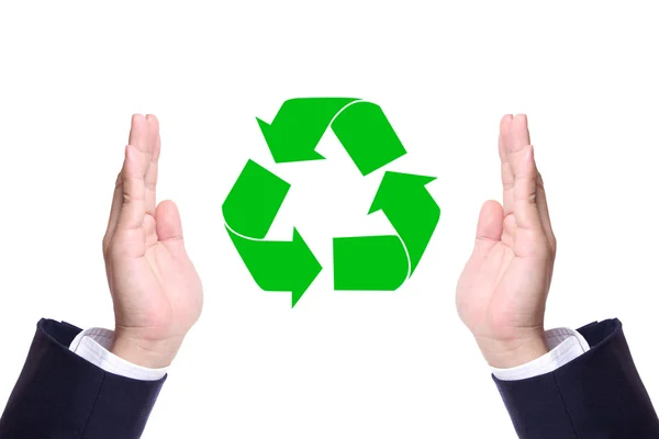 ビジネスの男の手とリサイクル緑の世界の概念のために署名します。 — ストック写真