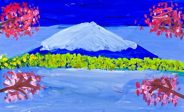 Плакат кольоровий малюнок гори Фудзі — стокове фото