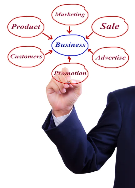Business man hand writing business diagram — Stock Photo, Image