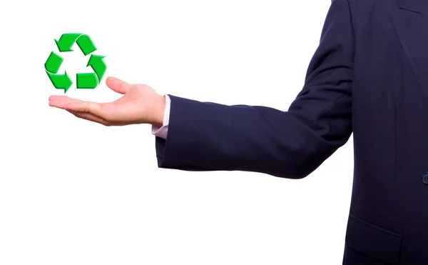 Hombre de negocios mano y reciclar signo de concepto de mundo verde — Foto de Stock