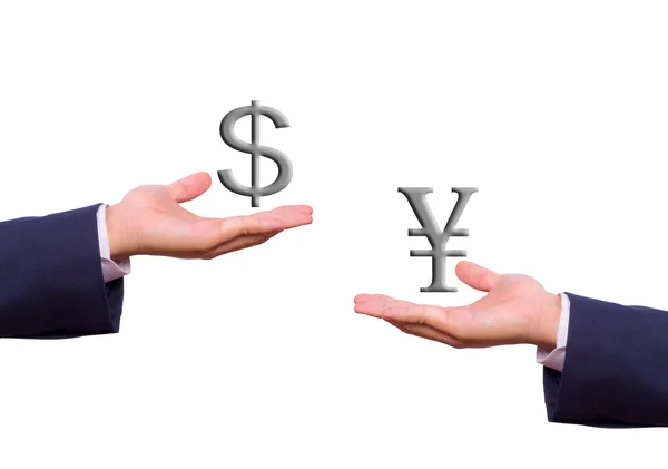 Homem de negócios mão troca dólar e iene sinal — Fotografia de Stock