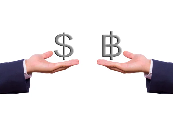 Obchodní muž ruku výměnu dolaru a baht znamení — Stock fotografie
