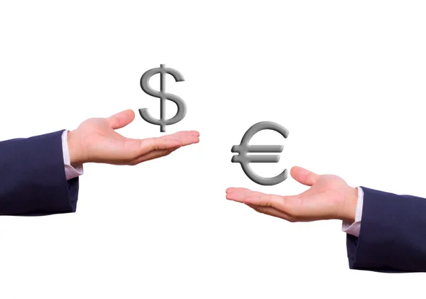Biznes człowiek strony wymiany Dolar i euro znak — Zdjęcie stockowe