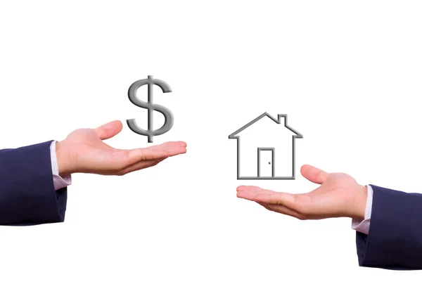 Business man hand exchange dollar sign and house icon — Stock Photo, Image