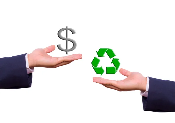 Homem de negócios mão troca dólar sinal e ícone de reciclagem — Fotografia de Stock