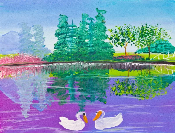 Affisch färg ritning återspegling av skog och swan — Stockfoto