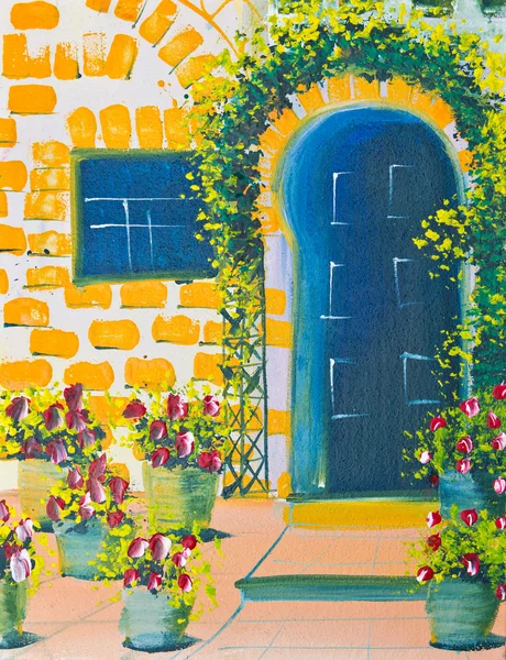 Affisch färg ritning dörr och blommor — Stockfoto