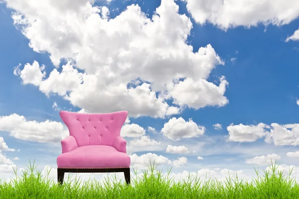 A fű zöld és a kék ég rózsaszín kanapé — Stock Fotó