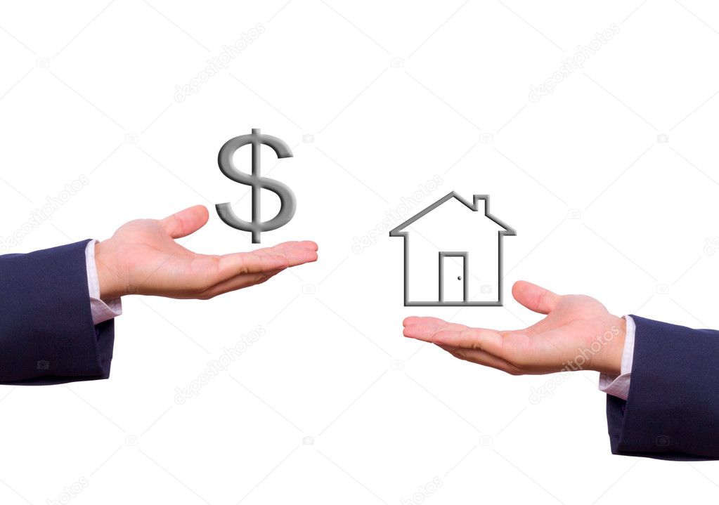 Business man hand exchange dollar sign and house icon