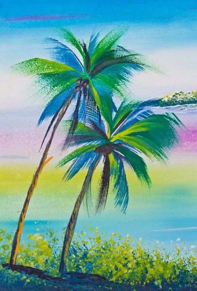 Kolor plakat, rysunek drzewa kokosowego i morze — Zdjęcie stockowe