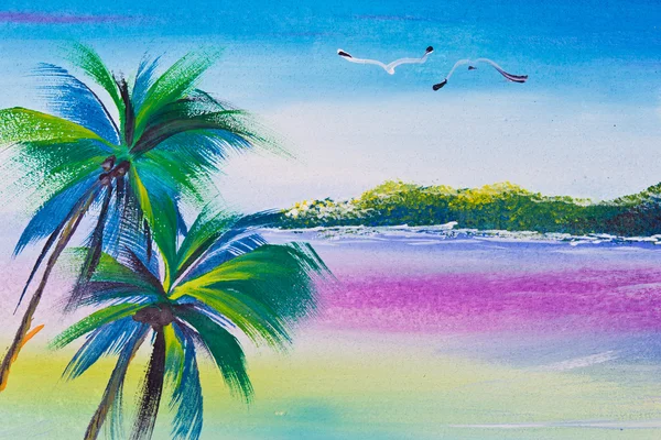 海报彩色绘图的椰子树和海 — 图库照片