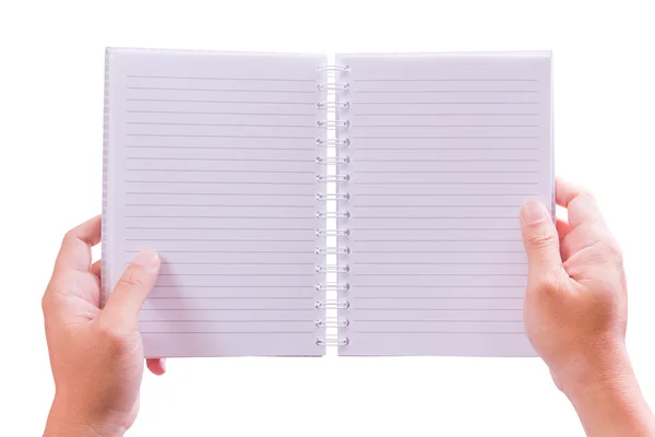 Hand holding notebook isolated — Stock Photo, Image