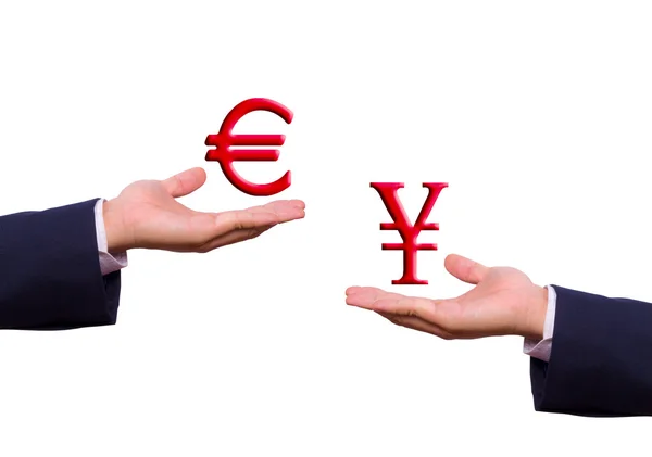 Echange de main euro et yen signe — Photo