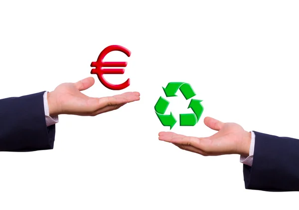 Hand utbyte euro och återvinna tecken — Stockfoto