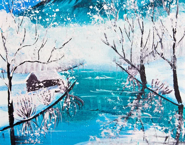 Snö berg och flod affisch färg — Stockfoto