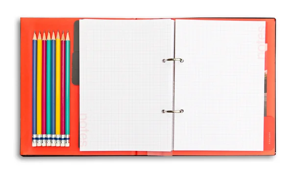 Rode notitieboekje en potlood geïsoleerd met uitknippad — Stockfoto