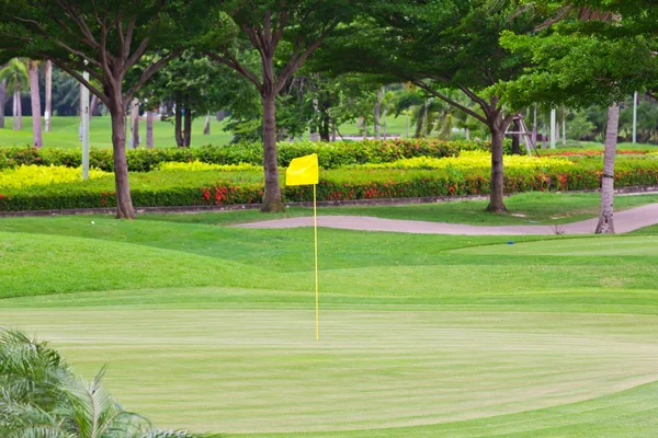 Golf sahası içinde yeşil bayrak — Stok fotoğraf