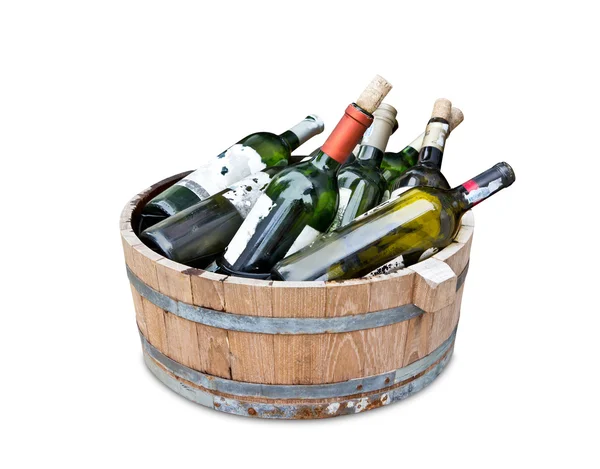 stock image Empty wine bottles in wood tank with clipping path