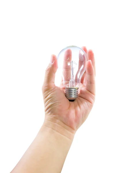 Hand holding light bulb isolated with clipping path — Stock Photo, Image