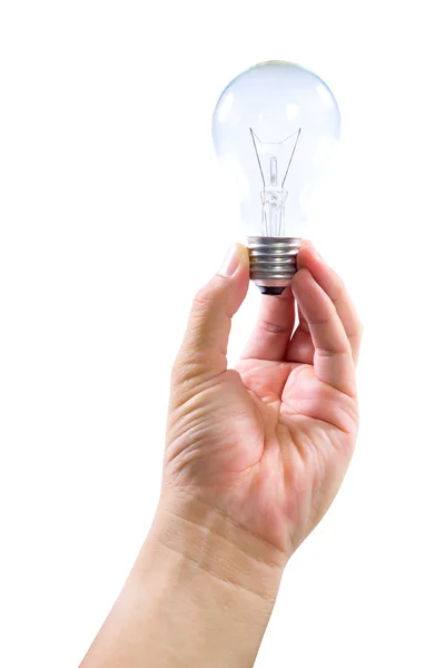 Hand holding light bulb isolated with clipping path — Stock Photo, Image