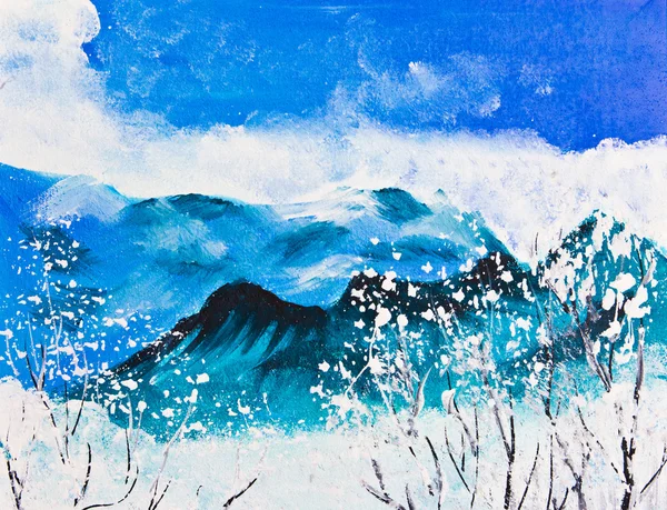 Schnee Berg und Fluss Plakatfarbe — Stockfoto
