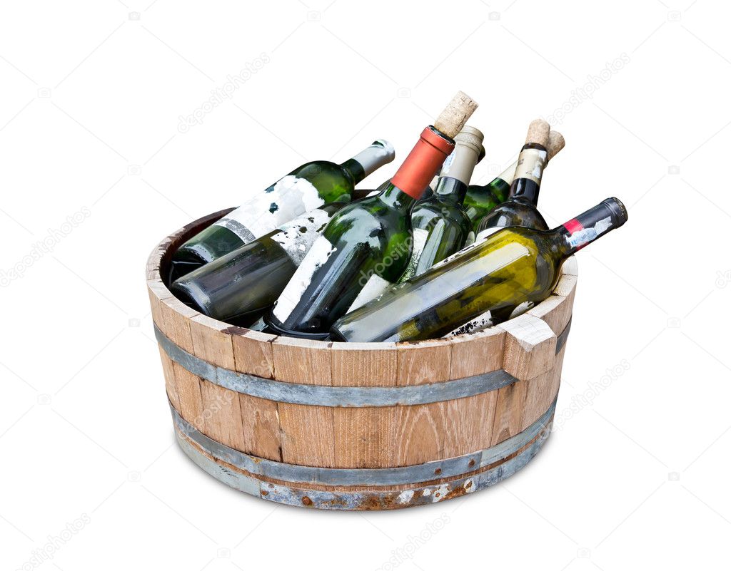 Empty wine bottles in wood tank with clipping path