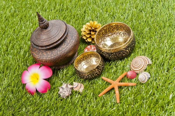 Golden Thai bowl with wooden bottle on green grass — Stock Photo, Image