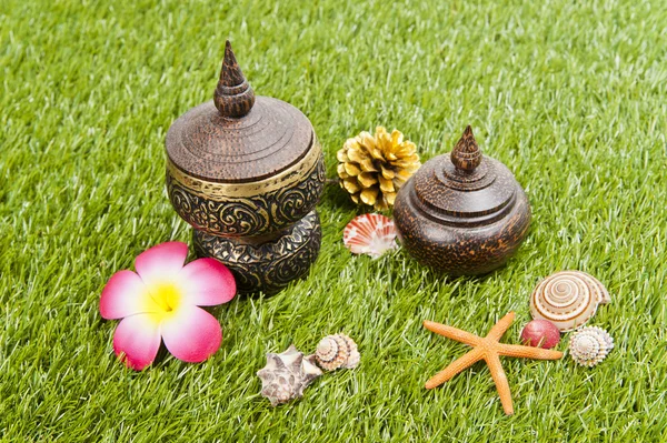 Thai spa bottle decorate with sea shell on the green grass — Stock Photo, Image