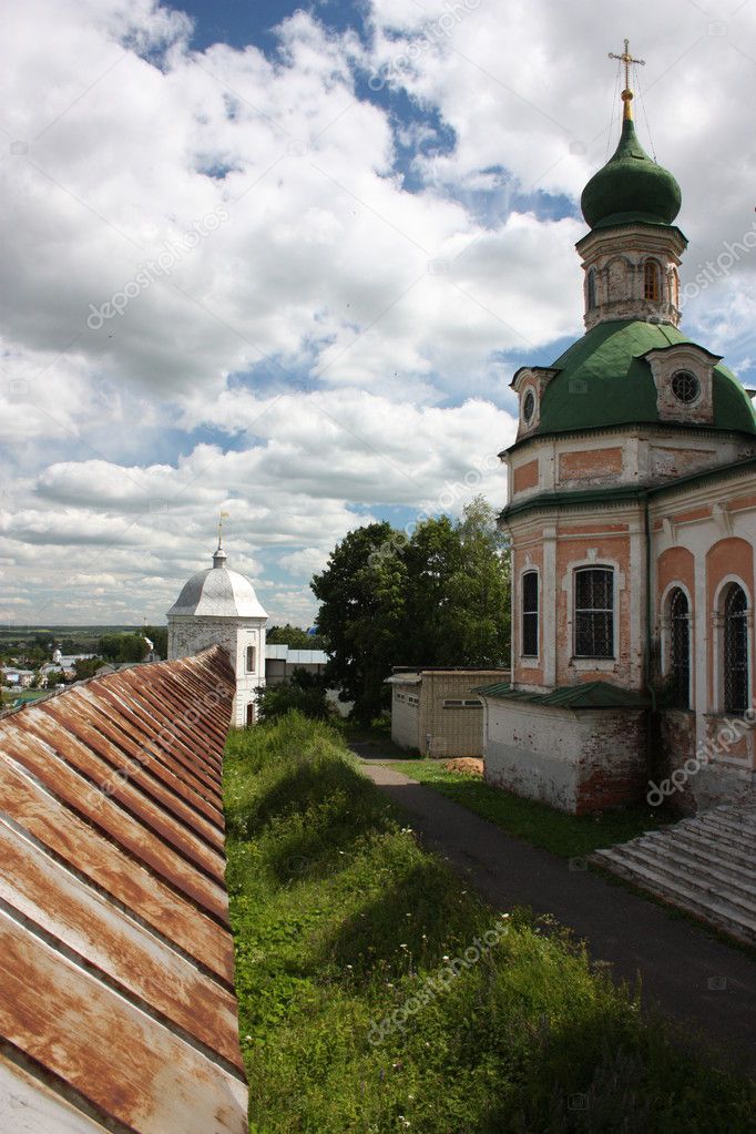 Russia, Yaroslavl region, Pereslavl. Goritskii Monastery Uspensky Cathedral and fortress wall.