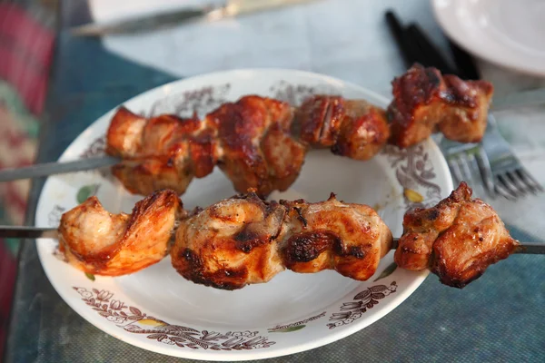 Fresh hot shish kebab on plate — Stock Photo, Image