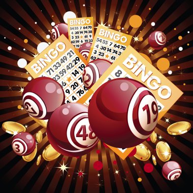 Bingo or lottery balls and cards on shiny background. clipart