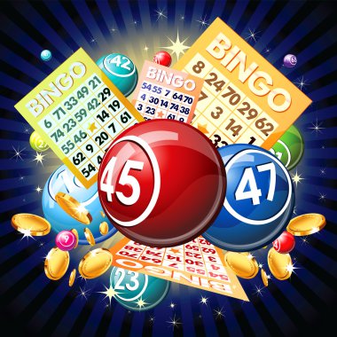 Bingo balls and cards on golden background clipart