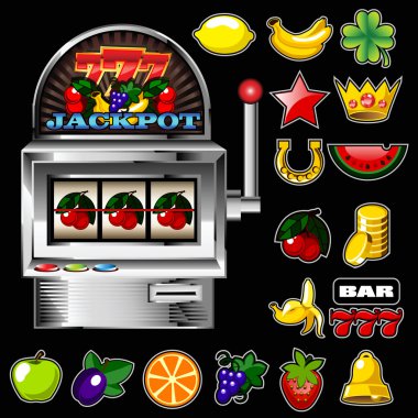 A vector slot fruit machine with cherry winning on cherries and clipart