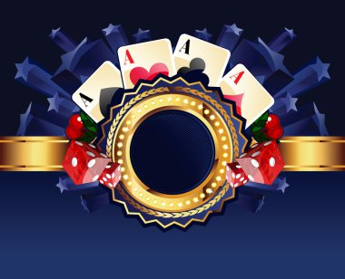 Casino gold-framed composition with cards, dice and cherries on clipart