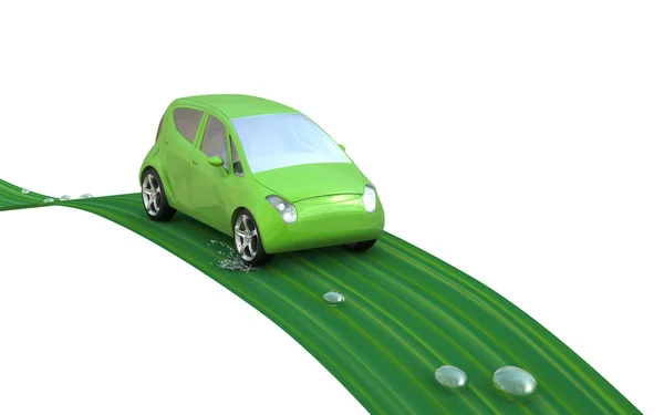 Carro verde em uma folha — Fotografia de Stock