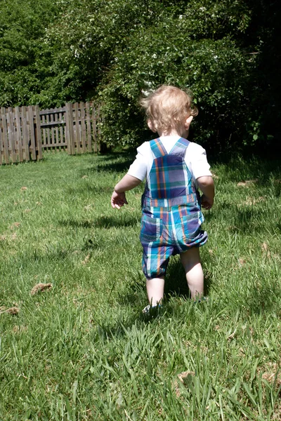 Малыш ходит по траве — стоковое фото