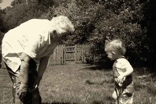 Great grandma and grandson black and white — Stock Photo, Image