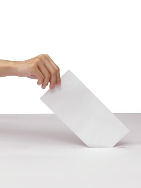 Lady hand putting a voting ballot in slot of white box isolated clipart