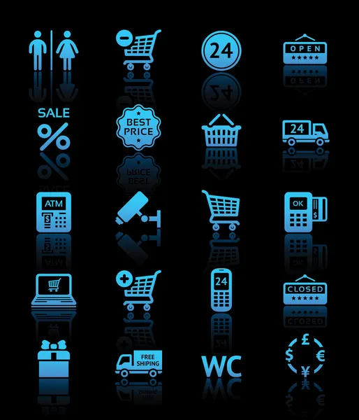 Zestaw piktogramów usługi supermarketu, Zakupy niebieskie ikony — Wektor stockowy