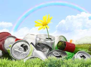 Garbage with growing daisy under rainbow clipart