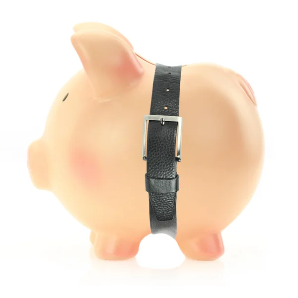 Piggy bank with a belt. Economic crisis concept — Stock Photo, Image
