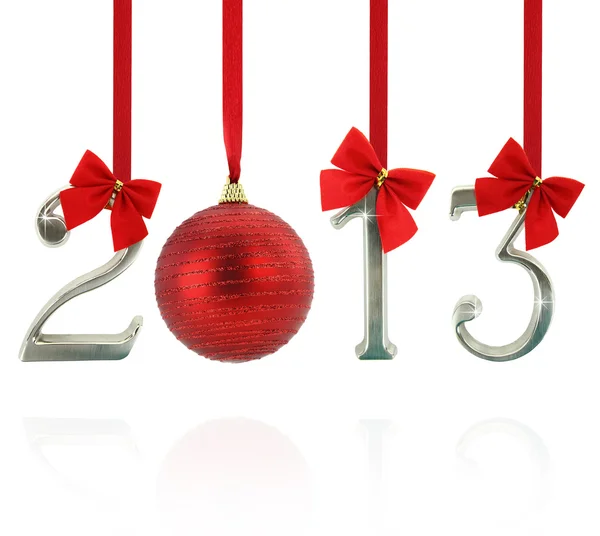 2013 calendar ornaments hanging on red ribbons — Stock Photo, Image