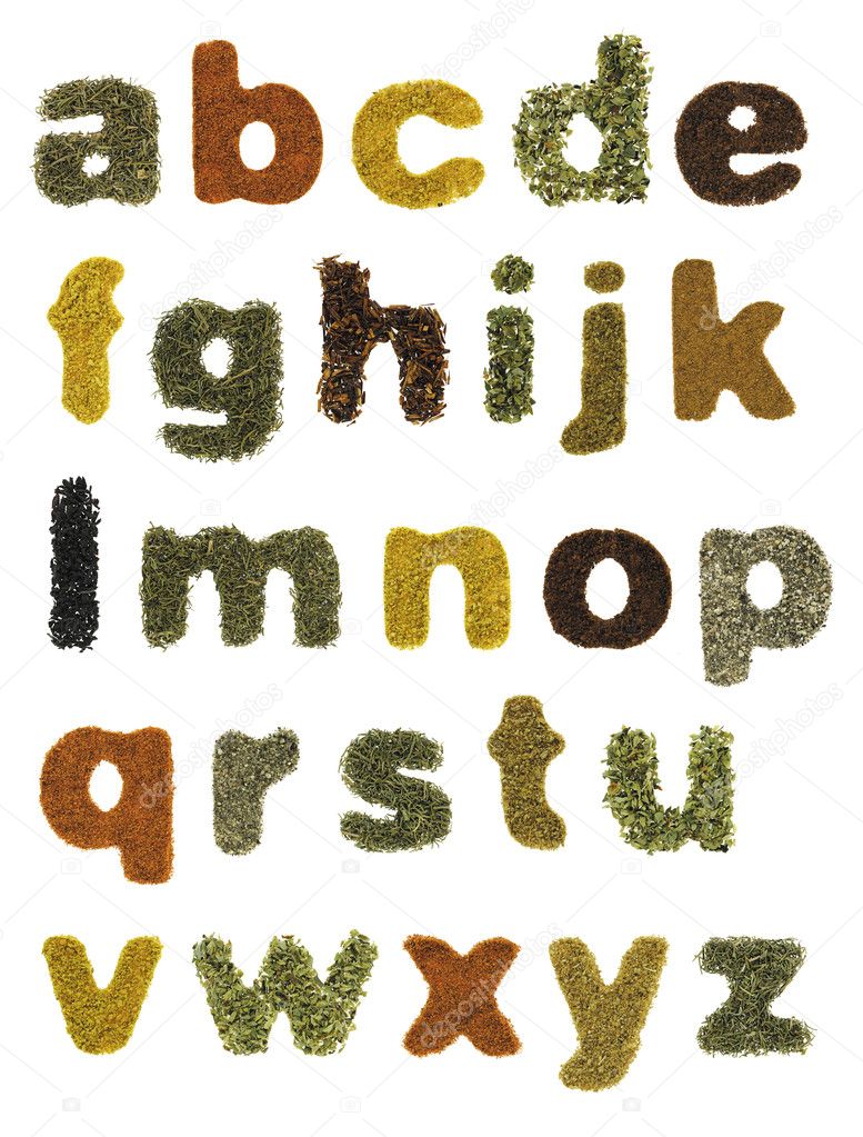 Food alphabet made of herbs and spices
