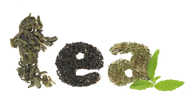 Palabra de té hecha de variedades de té —  Fotos de Stock