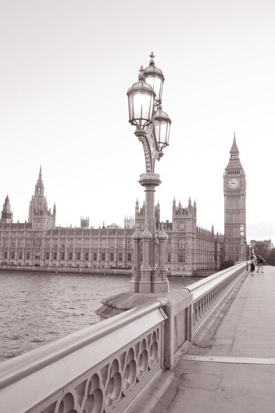 Big Ben and the Houses of Parliament from Westminster Bridge in London in Black and White; Sepia; Tone