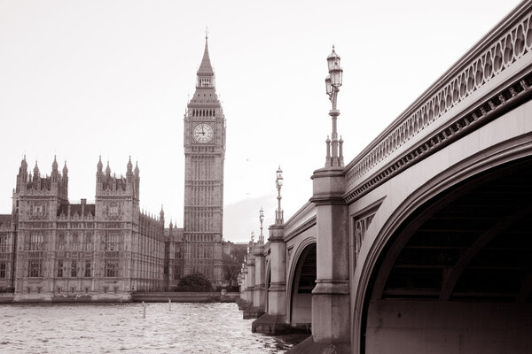 Westminster Bridge with Big Ben and the Houses of Parliament, London, England, UK in Black and White Sepia Tone